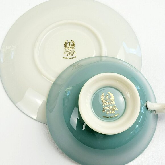 Lenox Kingsley Teacup & Saucer Teal Band Platinum Trim Floral Center c1954-79 - Picture 10 of 14